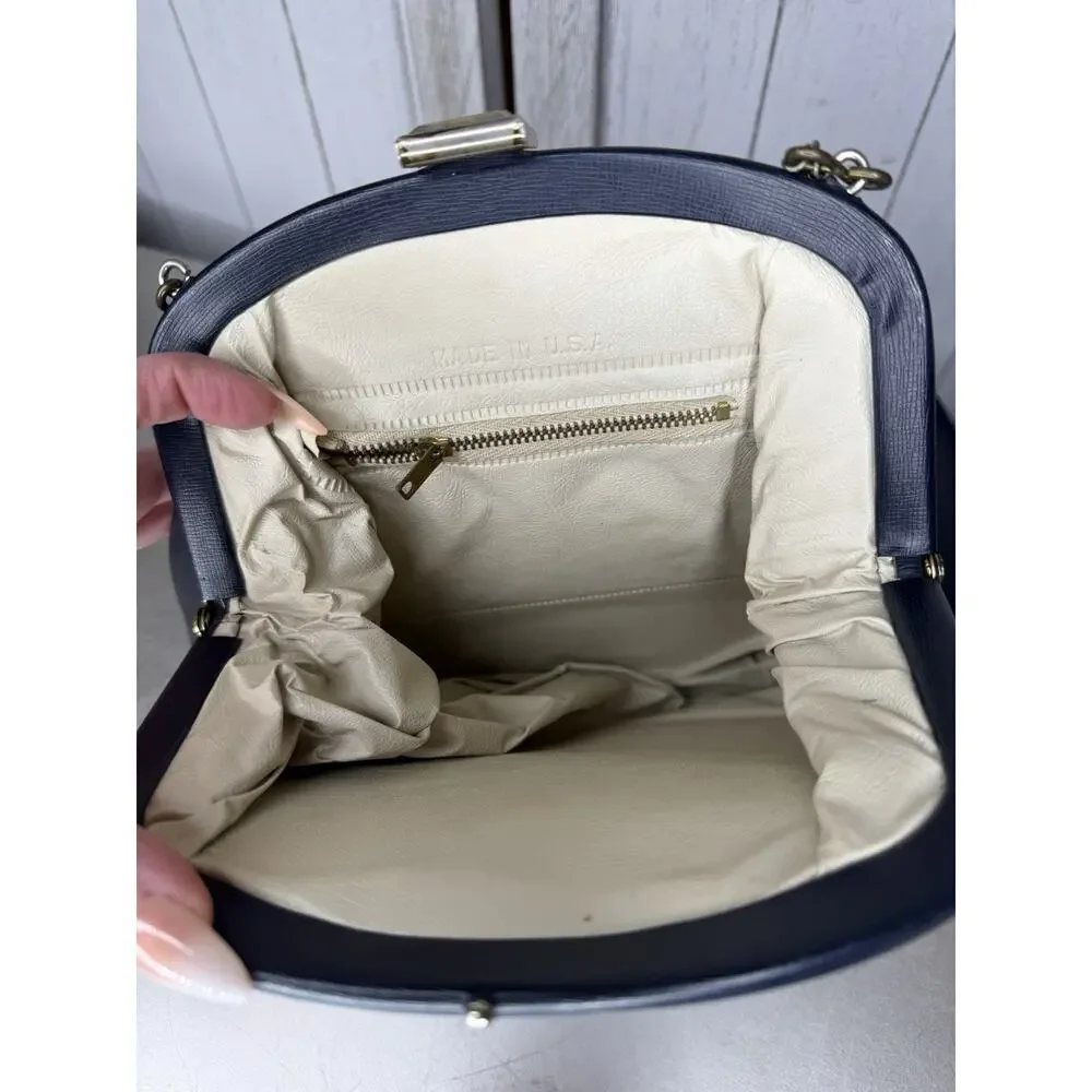 Vintage 1960s Navy Purse Bag Snap Frame Faux Leather Hollywood Glam